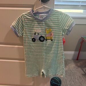 Mint and Blue Striped Kids Romper with Tractor Design